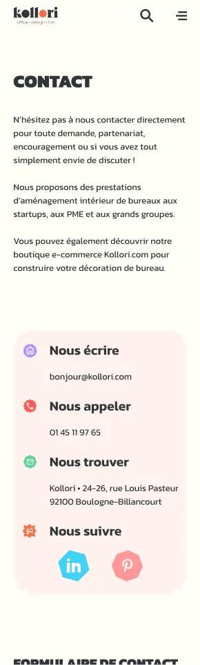 Mockup of the Contact page on a phone