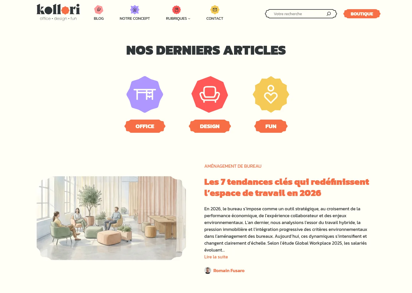The Blog Kollori website on a wide screen: the page listing the latest blog posts