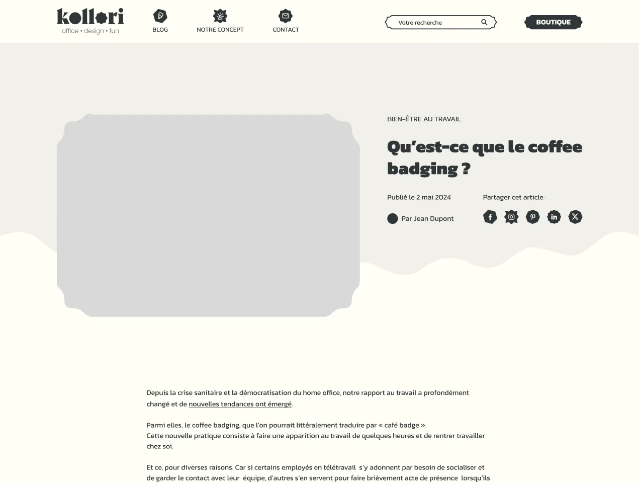 Wireframe of the article on a wide screen: image, title, metadata, body copy