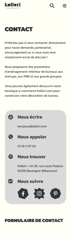 Wireframe of the Contact page on a phone